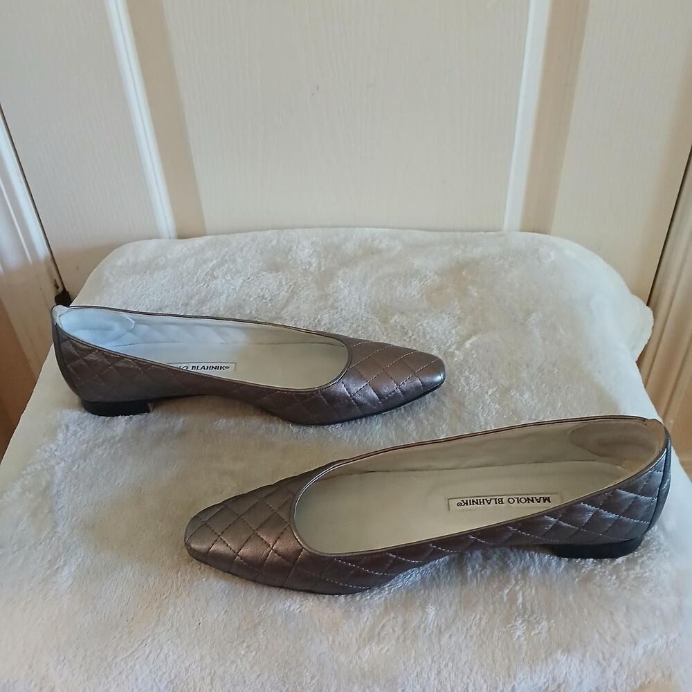 Manolo Blahnik Giungla Silver Quilted Leather Square Toe Ballet Flats 39 Luxury - Picture 5 of 8